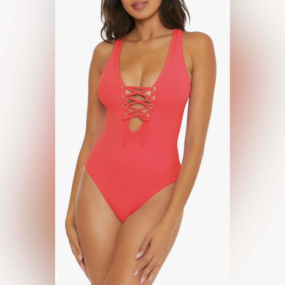 NWT Becca Women’s Modern Edge Plunge Neck Criss Cross Sexy One-Piece Swim Sz M